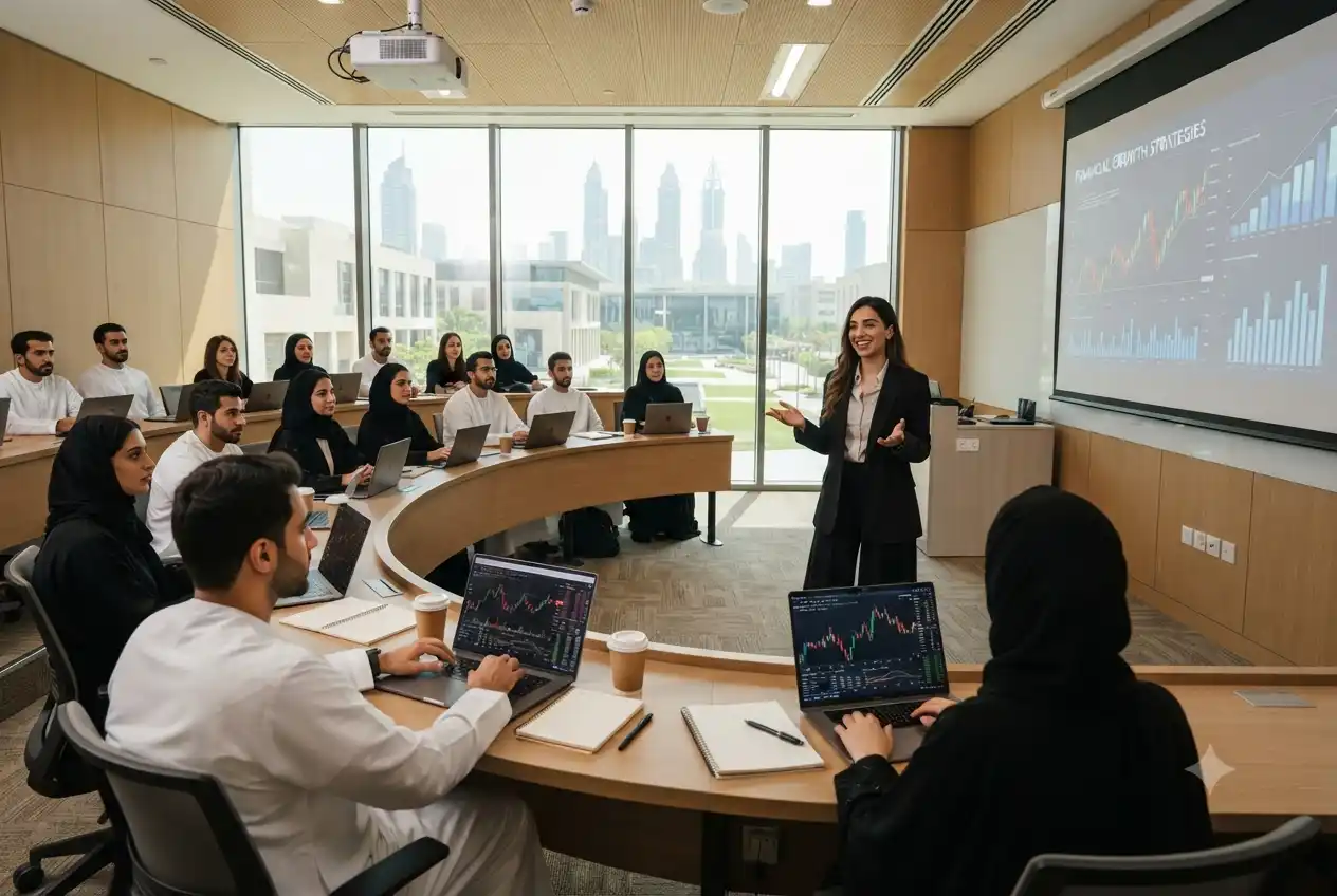 MBA finance students discussing business strategy in a modern classroom.