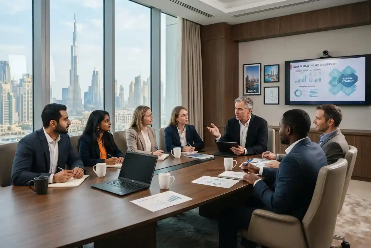 MBA students studying healthcare management in a modern UAE business school