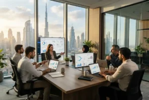 Media agency professionals planning a digital marketing campaign in Dubai