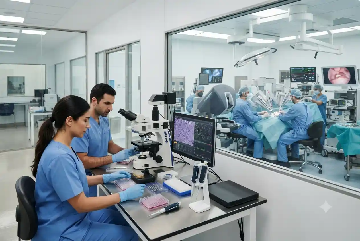 Modern medical technology equipment and healthcare professionals working in a UAE hospital laboratory.