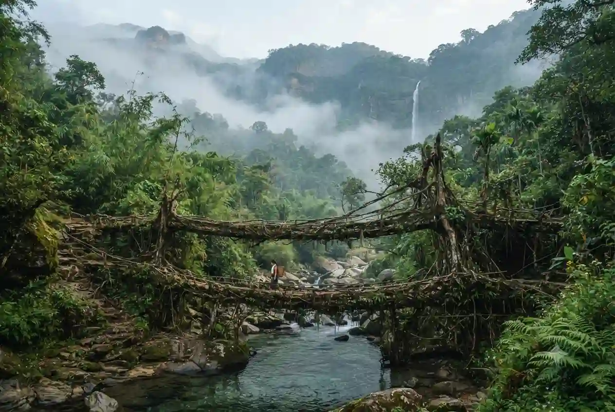Living root bridge and misty green hills in Meghalaya
