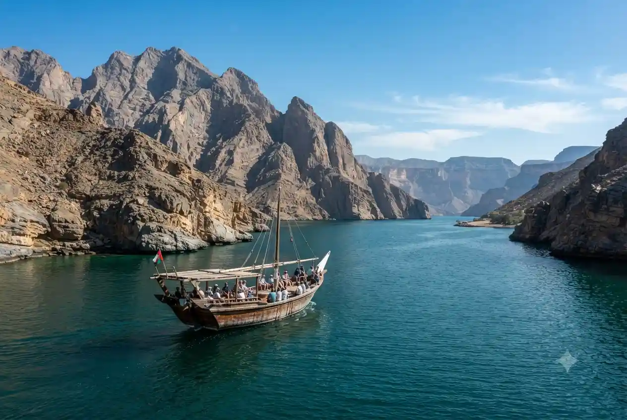 Traditional dhow sailing between mountains and turquoise waters in Musandam