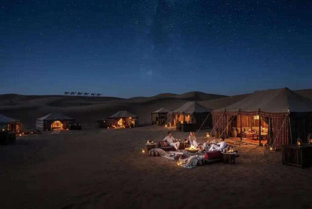 Night desert safari camp in Dubai beneath a star-filled sky