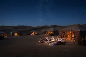 Night desert safari camp in Dubai beneath a star-filled sky