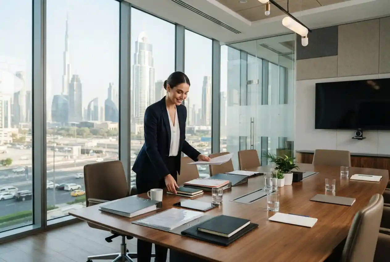 Office support worker performing daily duties in a Dubai workplace