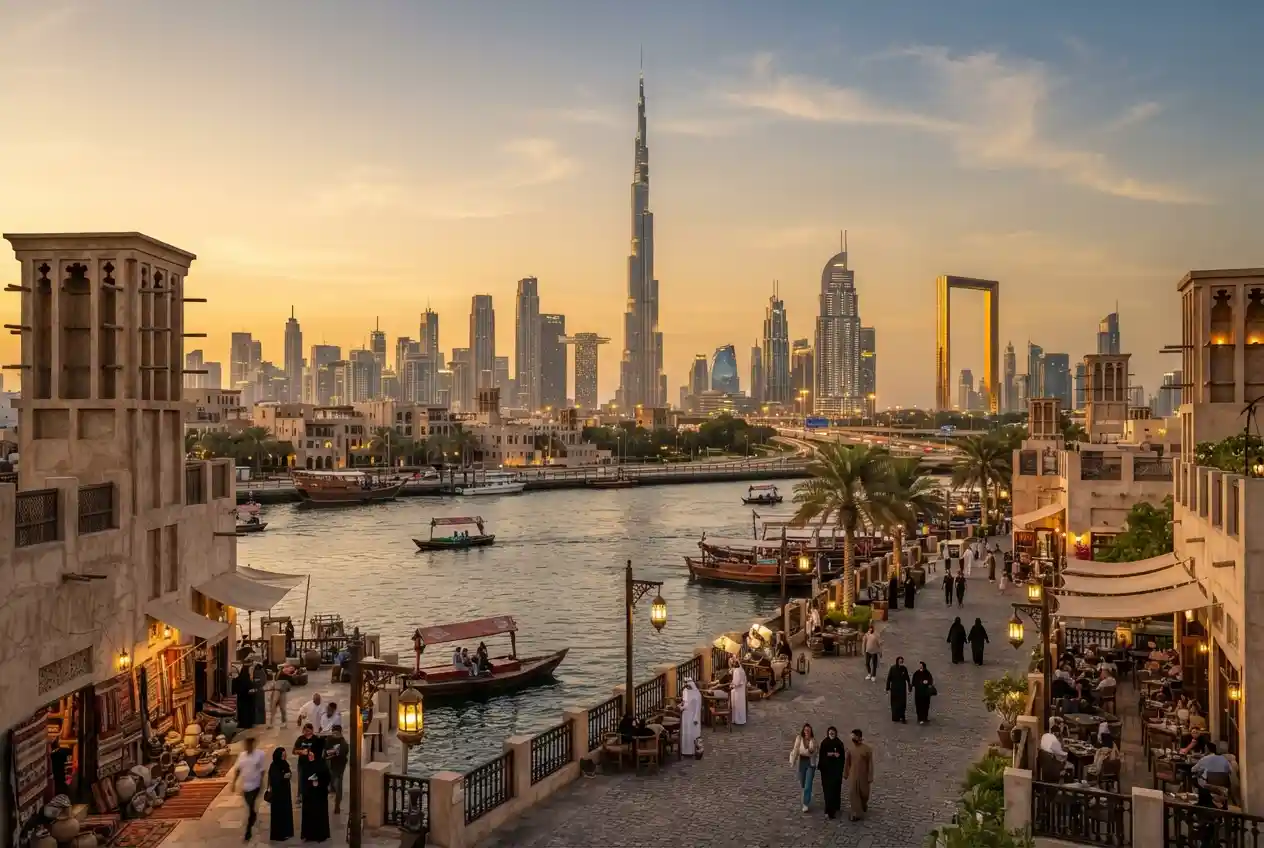 One day in Dubai itinerary featuring Burj Khalifa and Dubai skyline