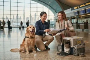 Pet relocation service preparing a dog and cat for travel to Dubai