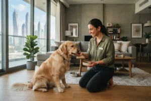 Professional pet sitter caring for a dog at home in Dubai