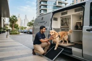 Professional pet taxi service transporting a dog in Dubai