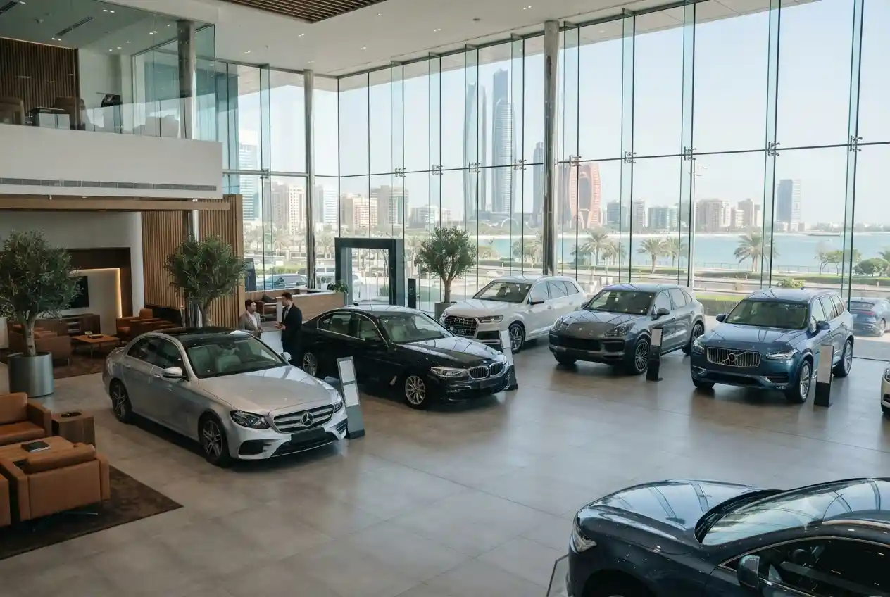 Pre-owned cars displayed at a modern Abu Dhabi automotive showroom