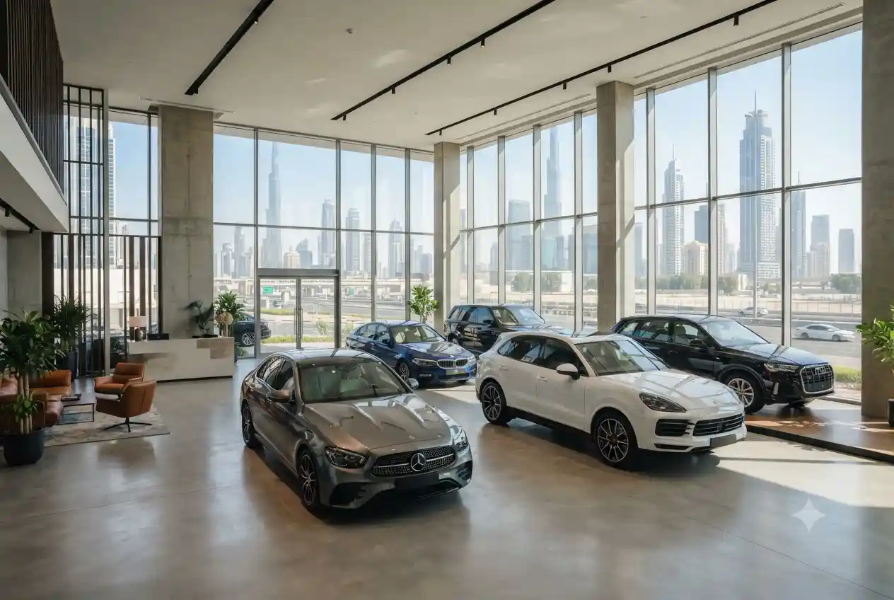 Pre-owned cars displayed in a modern Dubai automotive showroom