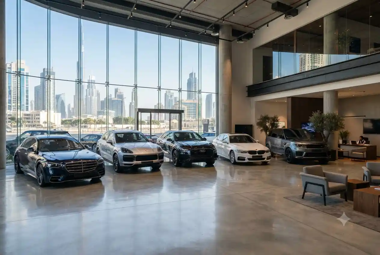 Selection of pre-owned cars at a modern UAE automotive showroom