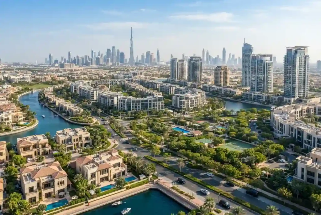 Property search in Dubai showing modern residential buildings and homes