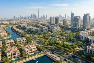 Property search in Dubai showing modern residential buildings and homes