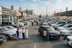 Used cars and showrooms at Ras Al Khor car market in Dubai