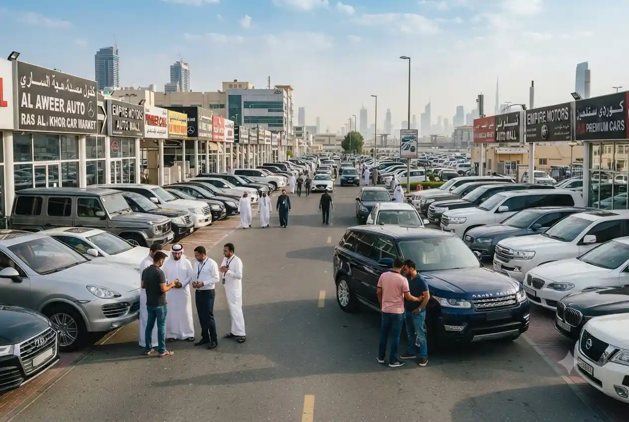 Used cars and showrooms at Ras Al Khor car market in Dubai