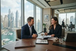 Real estate consultant advising a property buyer in Dubai