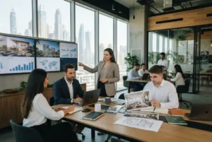 Real estate marketing agency team planning a Dubai property campaign
