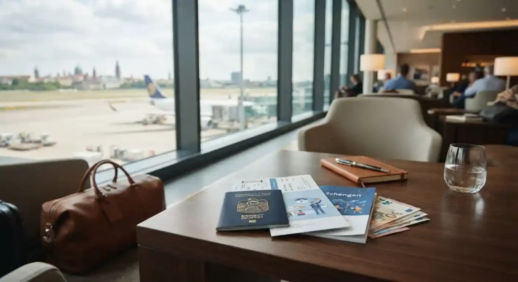 Schengen travel insurance UAE with passport insurance documents and luggage