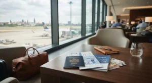 Schengen travel insurance UAE with passport insurance documents and luggage