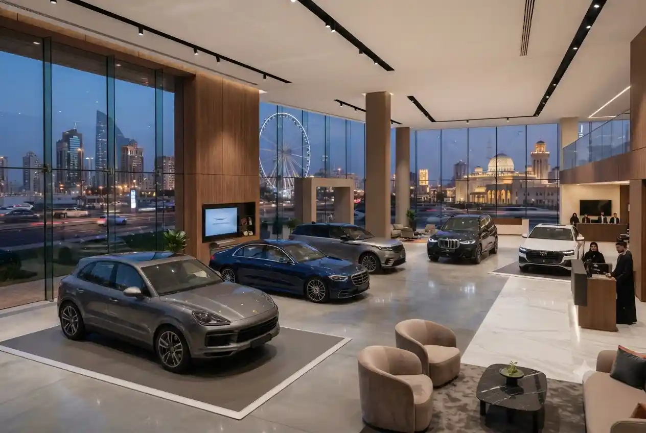 Second hand cars displayed at a used car showroom in Abu Dhabi
