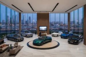 Second hand cars displayed at a Dubai used car showroom