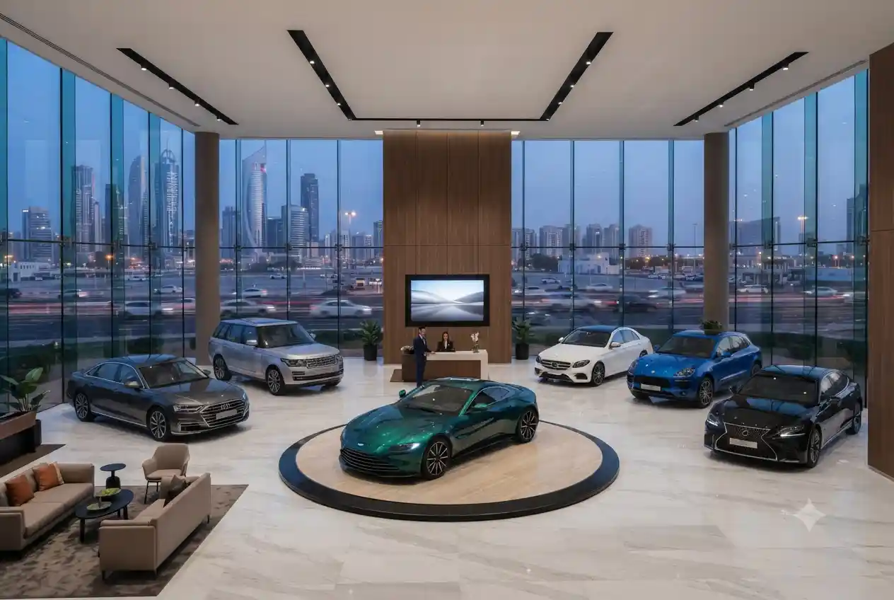 Second hand cars displayed at a Dubai used car showroom