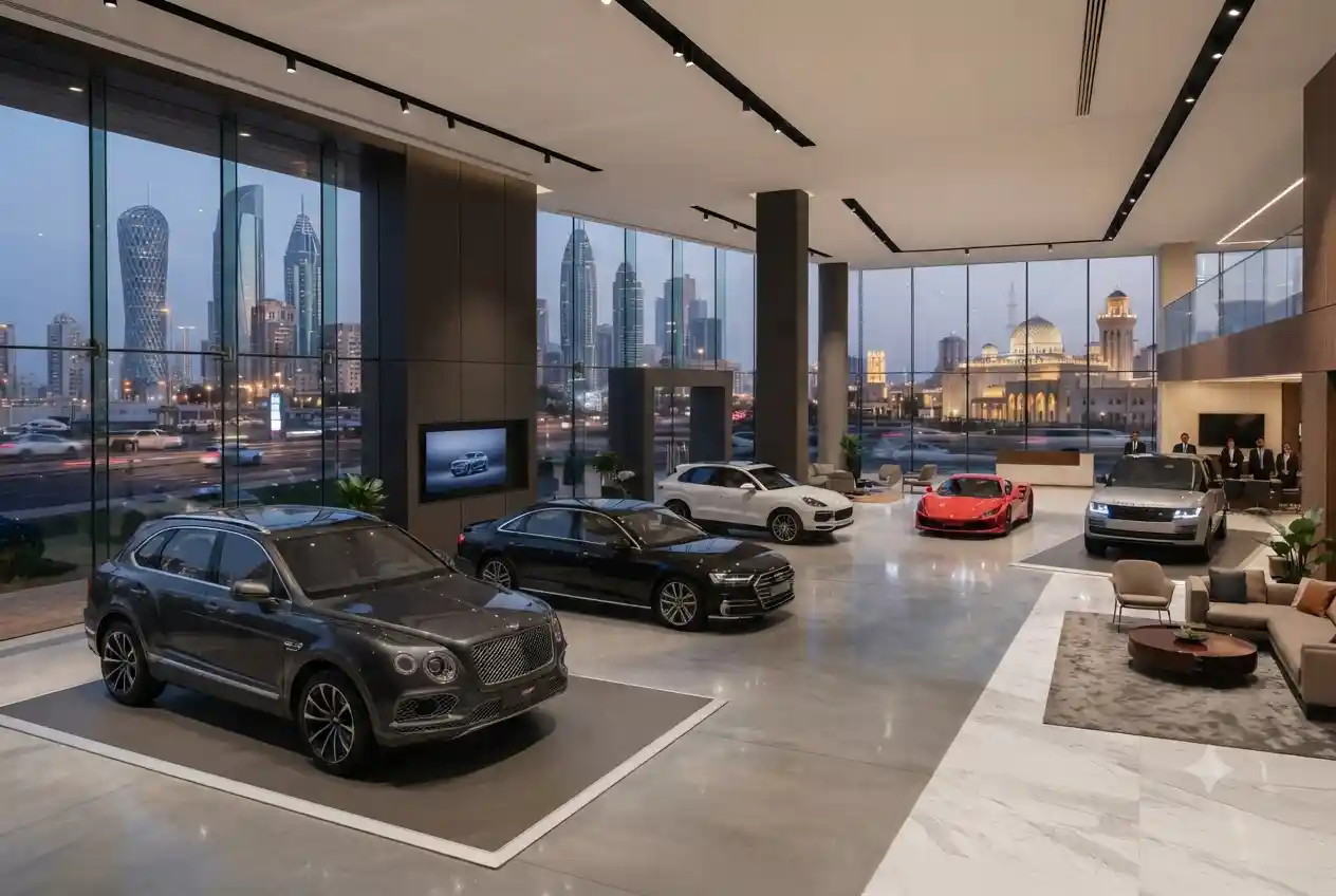 Second hand cars displayed at a modern UAE automotive showroom