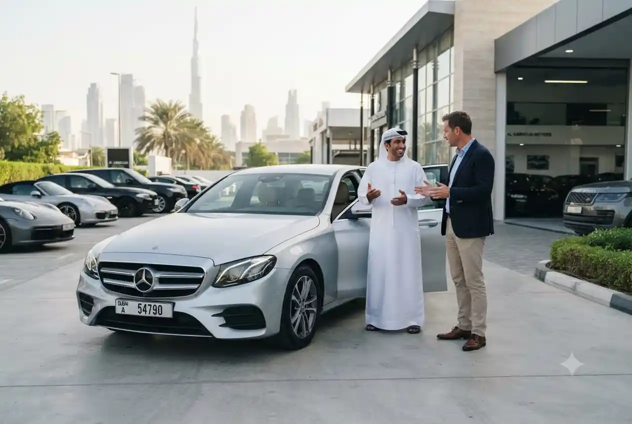 Car owner discussing a used vehicle with a buyer in Dubai