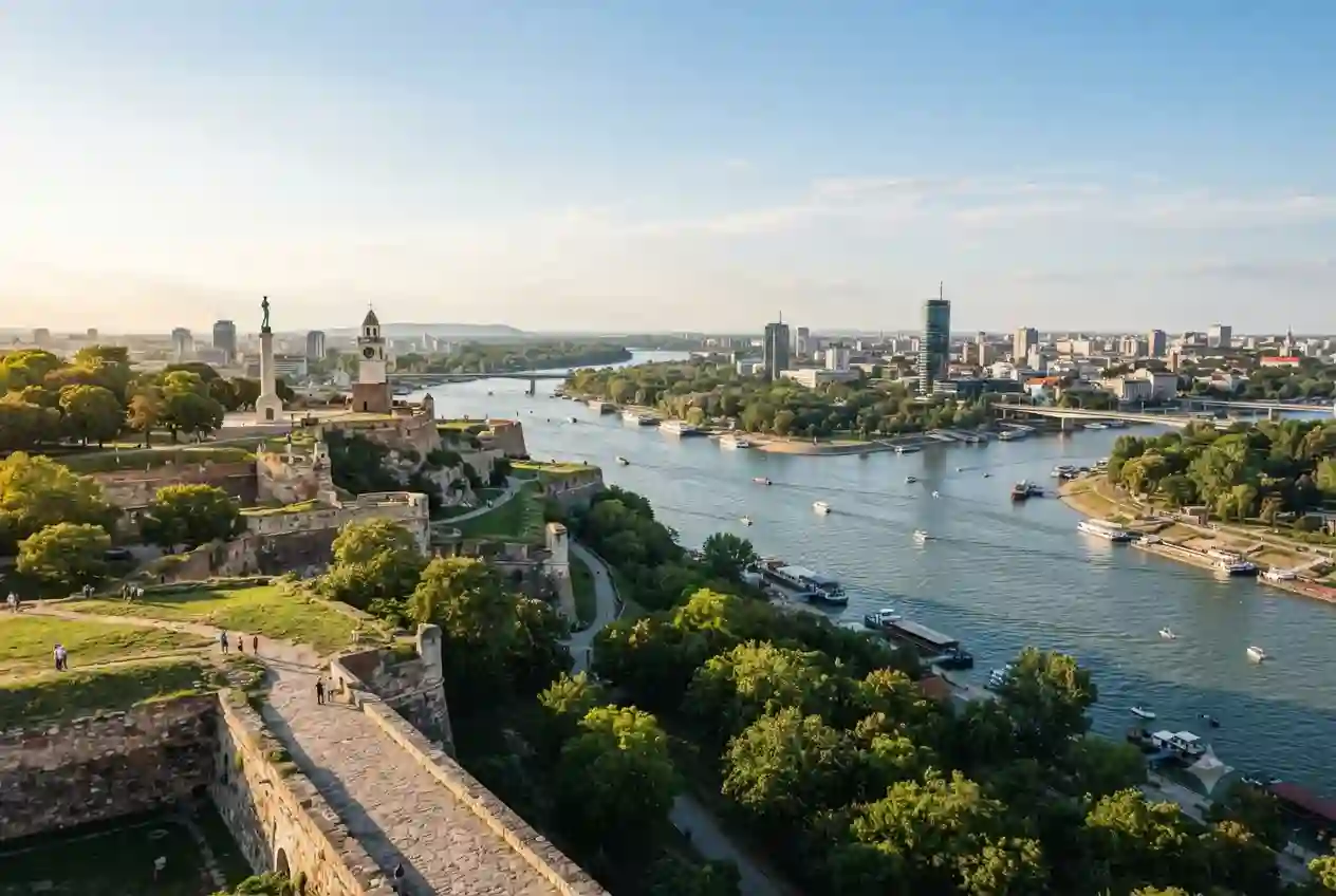 Belgrade Fortress and Danube river landscape in Serbia
