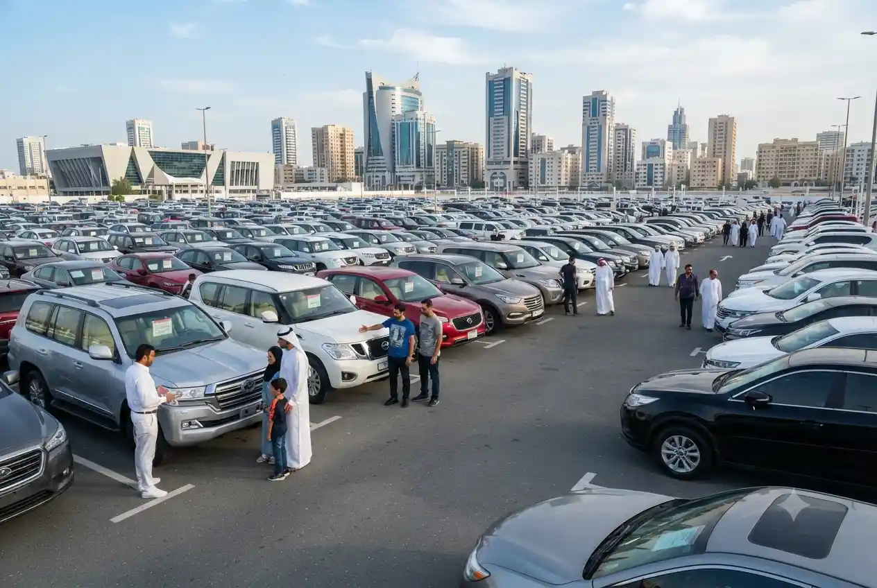 Used cars displayed at a car market in Sharjah UAE