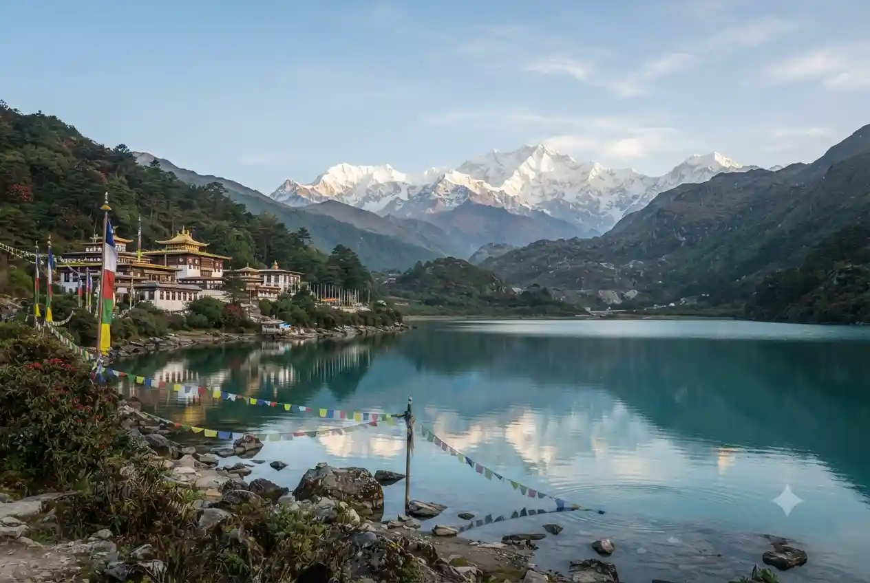 Himalayan mountains and high-altitude lake in Sikkim