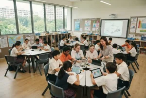 Students learning in a modern Singapore-style classroom