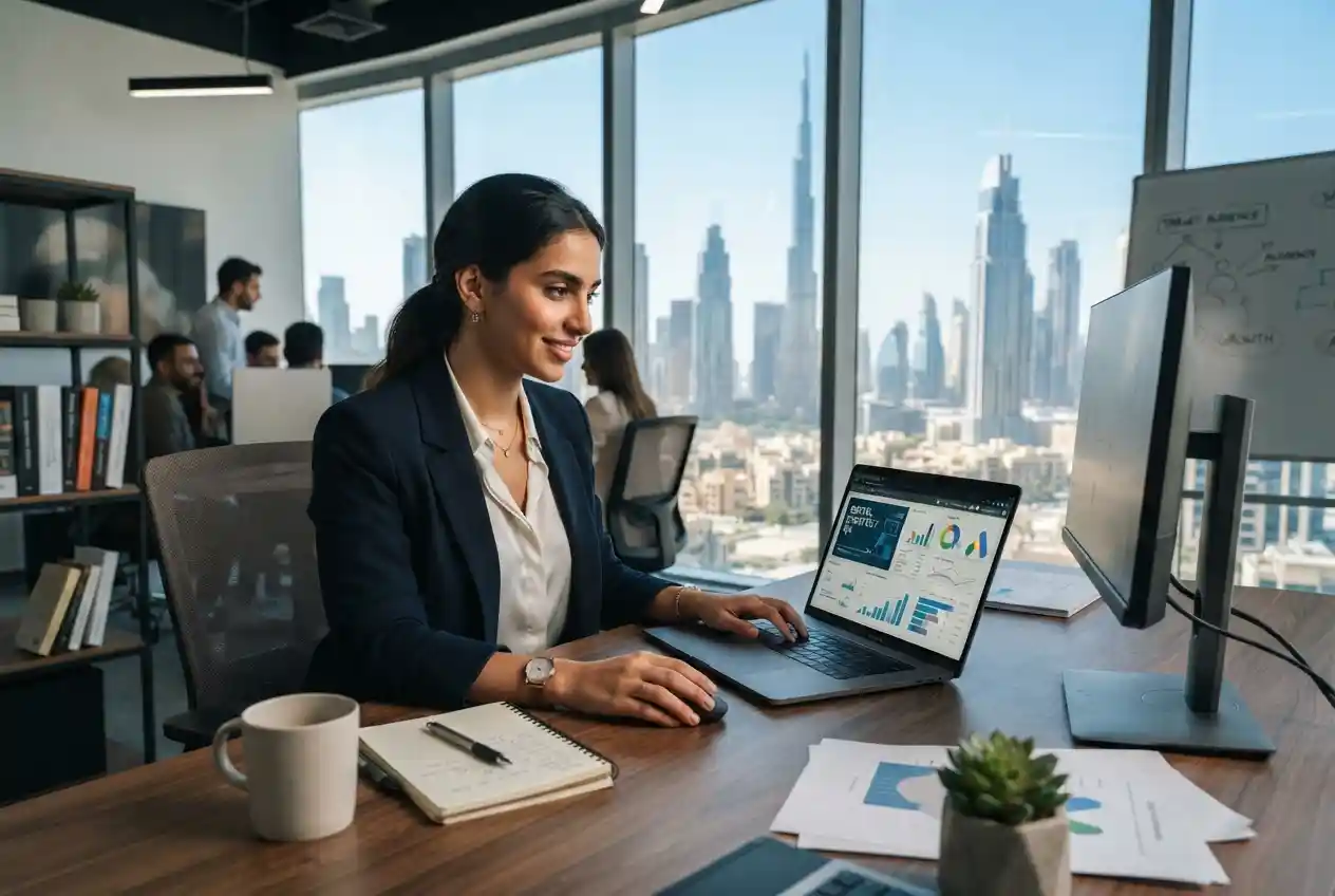 Entrepreneur planning a digital marketing agency strategy in a modern UAE office