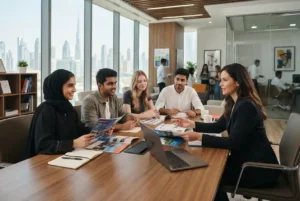 Students discussing international university options with an education consultant in Dubai