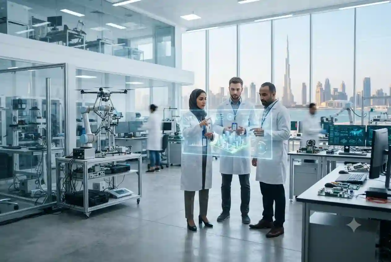 Engineers collaborating in an advanced technology and innovation facility in the UAE