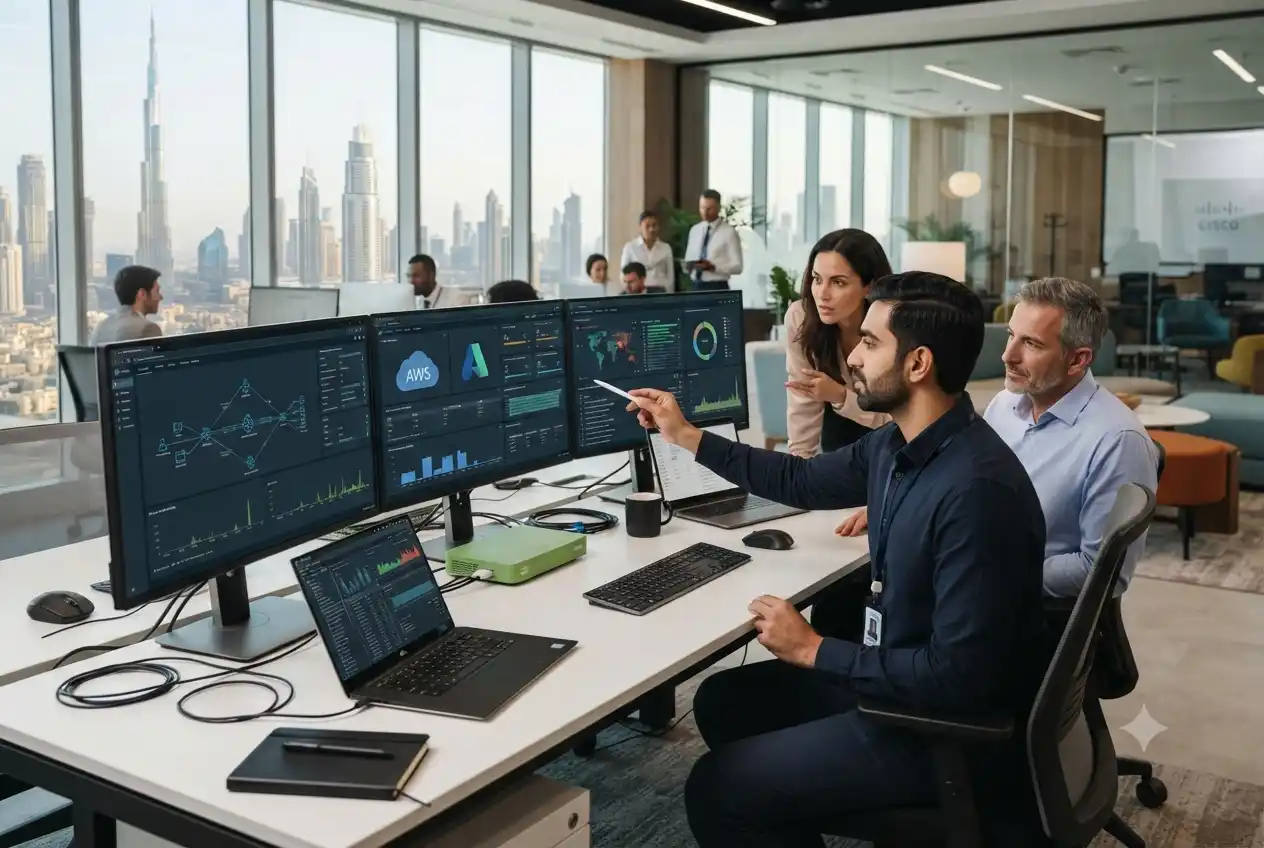 echnology support specialist troubleshooting business IT systems in a modern UAE office
