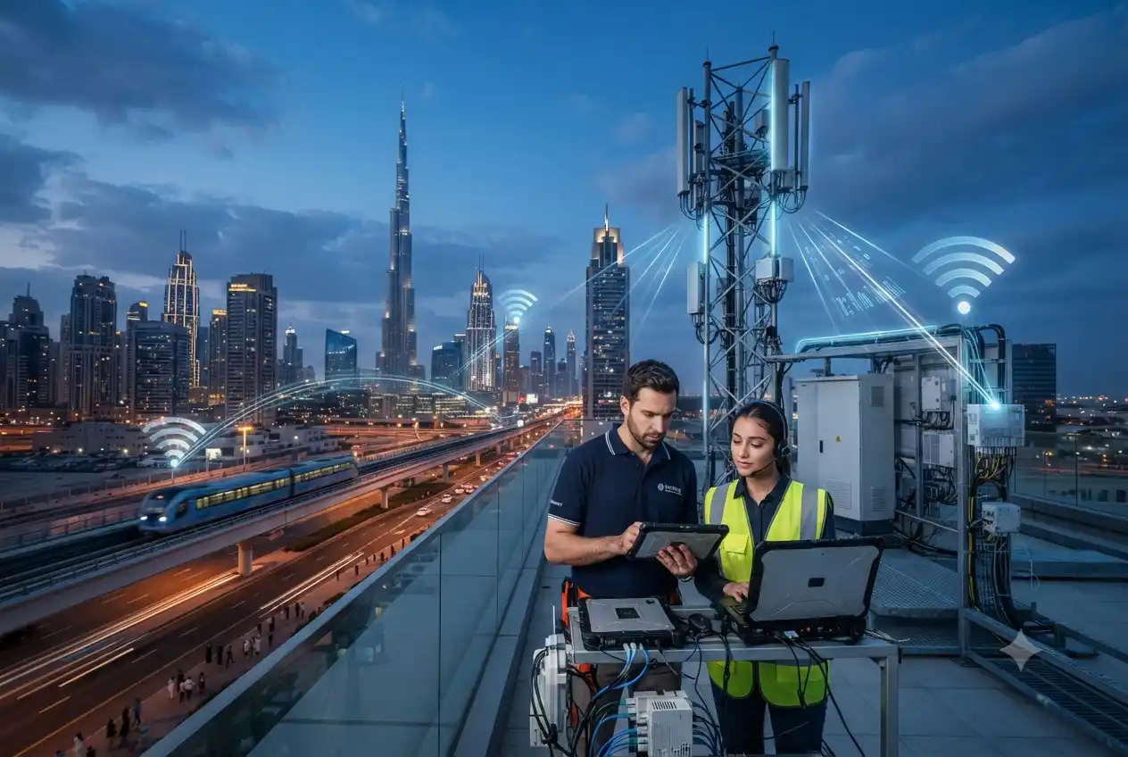 Modern technology telecom infrastructure with 5G and fiber communication networks