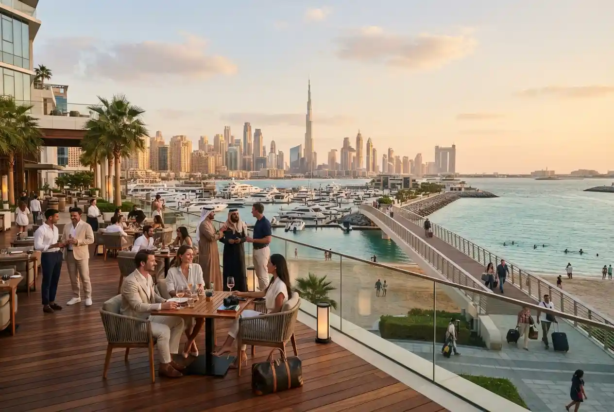 Tourism industry with travelers exploring a modern UAE destination