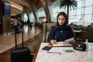 UAE traveller with passport and health insurance documents at an airport
