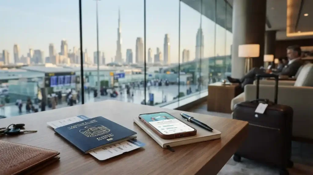 Travel insurance UAE guide with passport luggage and travel documents