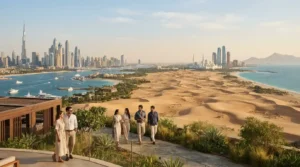 Travel UAE guide showing Dubai skyline, desert, coastline and UAE landscapes