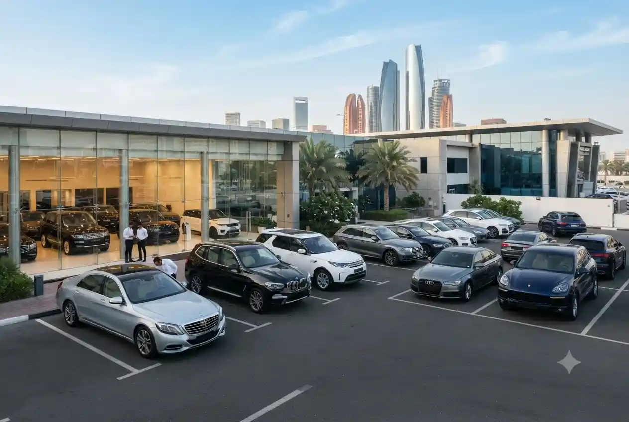 Used cars displayed at a modern Abu Dhabi automotive dealership