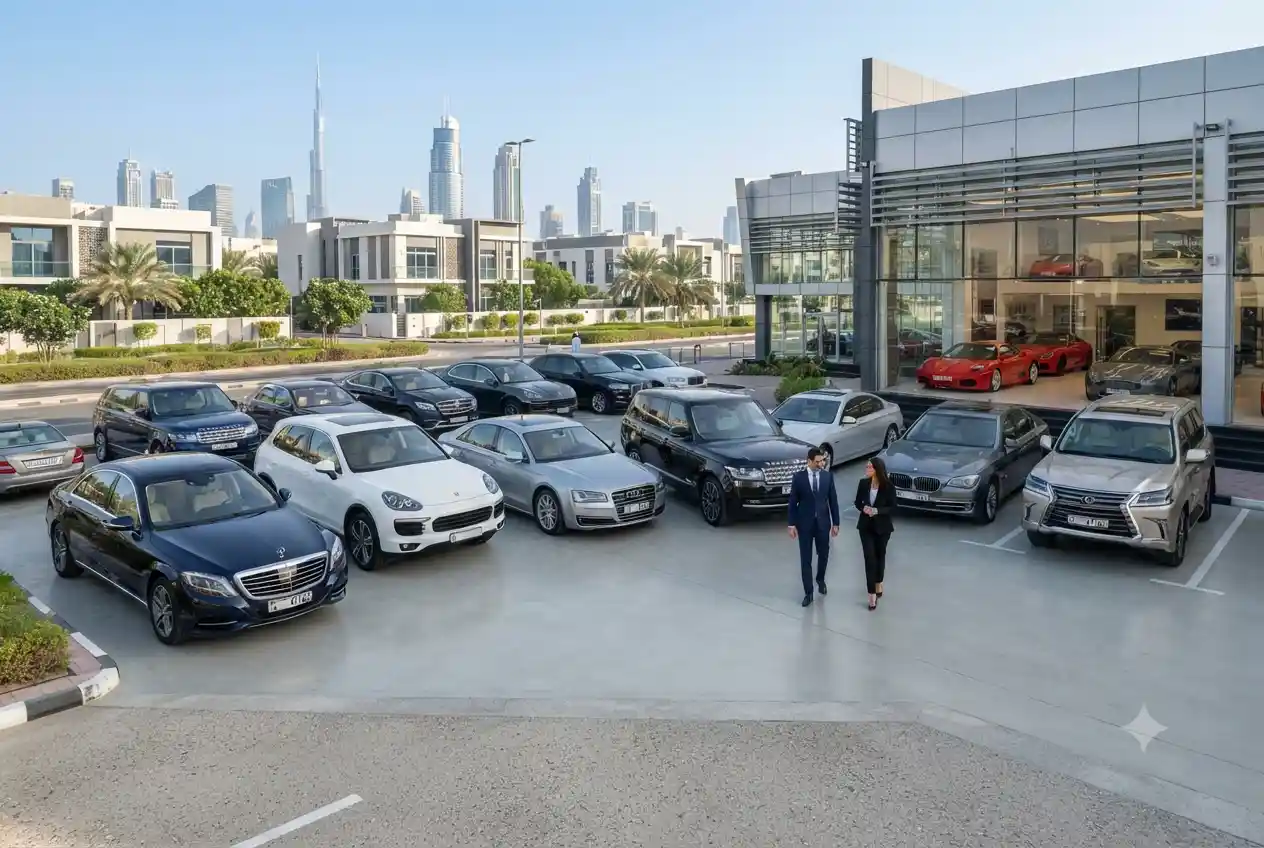 Used cars displayed at a modern Dubai automotive dealership