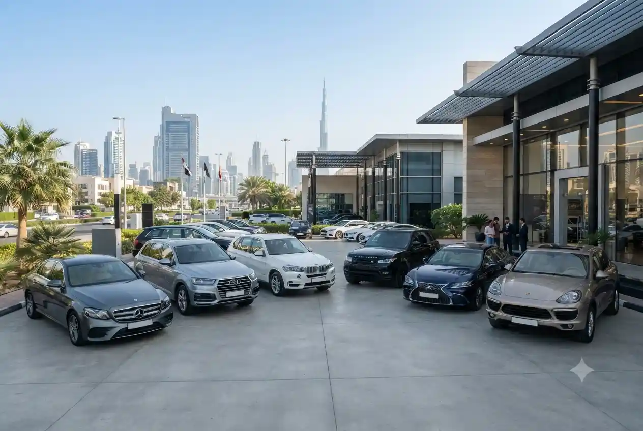 Used cars displayed at a modern UAE automotive dealership