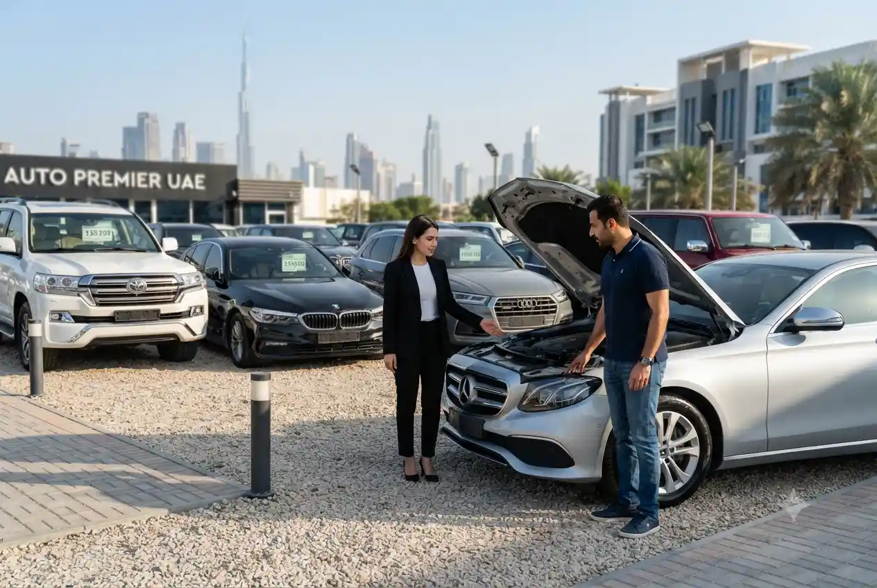 Used cars displayed at an automotive marketplace in the UAE