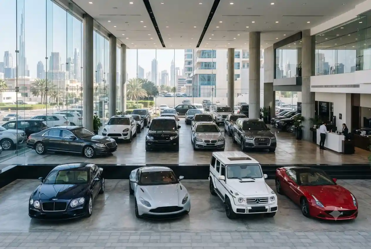Pre-owned cars displayed inside a modern Dubai used car showroom