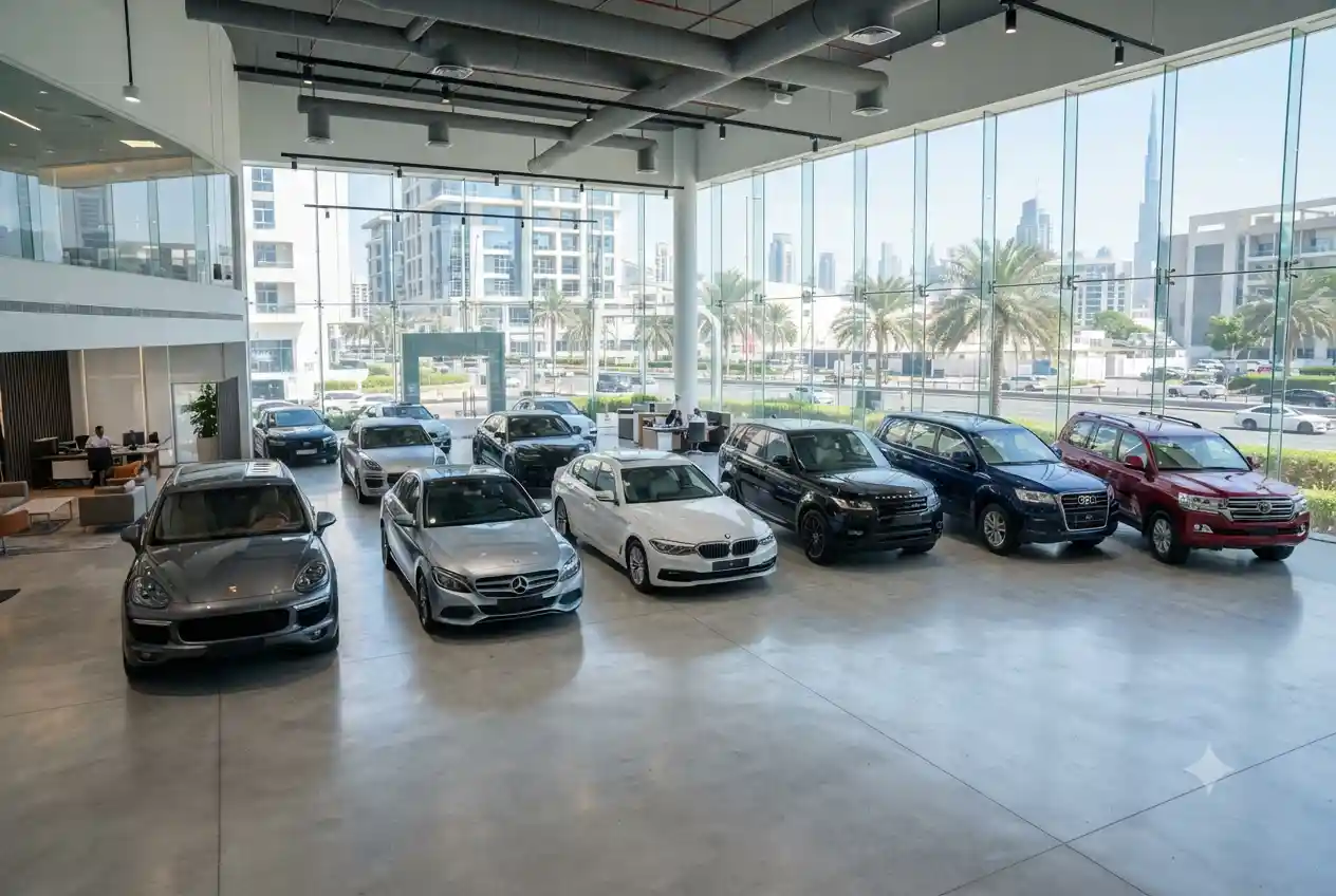 Pre-owned cars displayed inside a modern UAE used car showroom