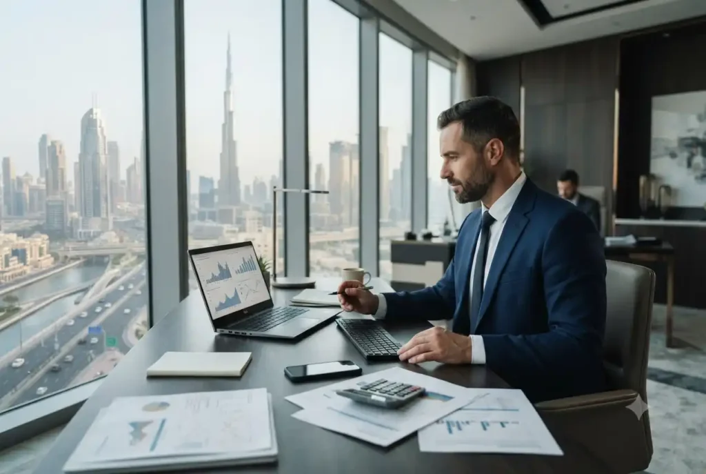 Business professional reviewing financial reports in a modern UAE office.