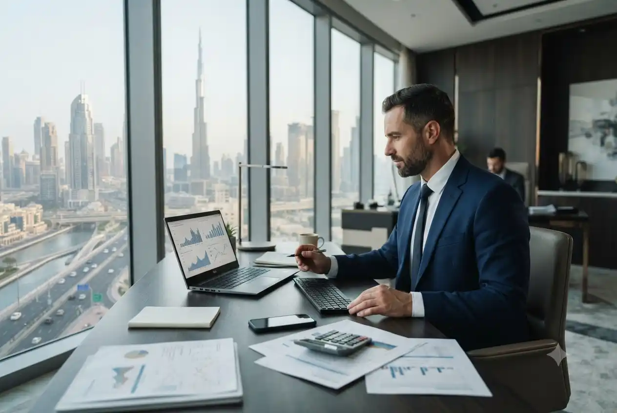 Business professional reviewing financial reports in a modern UAE office.